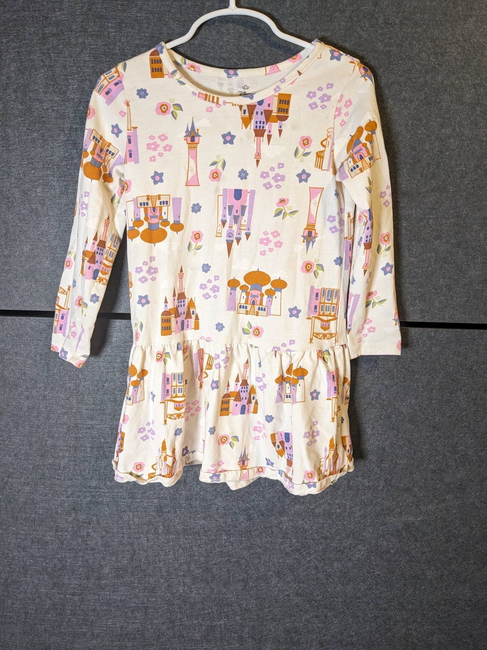 Disney Cream Castle Print Long Sleeve Peplum Dress with Pink and Orange Accents